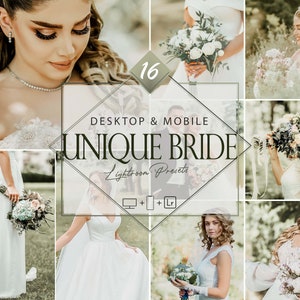 May include: A collage of images featuring brides in white dresses, holding bouquets of flowers. The text "16 Desktop & Mobile Unique Bride Lightroom Presets" is displayed in the center of the image.