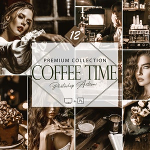 Puede incluir: Un collage de imágenes con temática de cafetería. Las imágenes incluyen a una mujer con una camisa blanca, una cafetera, una taza de café y un pastel. El texto "PREMIUM COLLECTION COFFEE TIME Photoshop Actions" se muestra en el centro del collage.