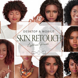 Puede incluir: Un collage de imágenes que muestran 12 ajustes preestablecidos de Lightroom para el retoque de la piel. Los ajustes preestablecidos están diseñados para su uso tanto en el escritorio como en dispositivos móviles. El texto "SKIN RETOUCH" se muestra en una fuente grande y en negrita de color oro rosa.
