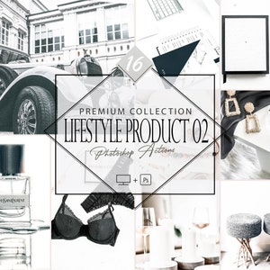May include: A collage of images showcasing a collection of 16 premium Photoshop actions for lifestyle product photography. The images include a vintage car, a perfume bottle, a bra, a notebook, a candle, and a pair of earrings.