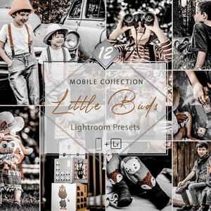 Könnte beinhalten: Ein Set mit 12 mobilen Lightroom-Presets namens "Little Buds" zum Bearbeiten von Fotos. Die Presets sind so konzipiert, dass Fotos einen Vintage-Look mit verblassten Farben erhalten. Das Bild zeigt eine Auswahl an Fotos, die mit den Presets bearbeitet wurden, darunter Fotos von spielenden Kindern, einem Auto und einem Spielzeug.