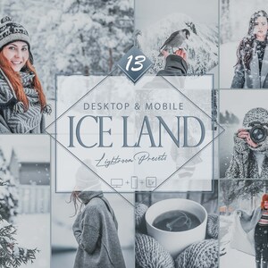 May include: A set of 13 Lightroom presets called "Ice Land" for desktop and mobile devices. The presets are designed to give photos a cool, wintery look. The image shows a variety of photos that have been edited with the presets, including photos of people, landscapes, and objects.