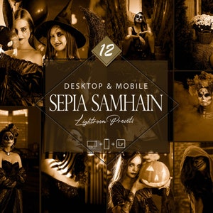 May include: A collection of 12 sepia-toned Lightroom presets for desktop and mobile devices. The presets are designed to give photos a vintage, Halloween-themed look. The image shows a variety of spooky and festive images, including a witch, a skull, and a pumpkin.