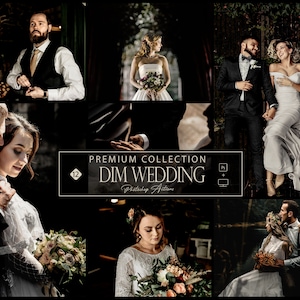 Könnte beinhalten: Eine Sammlung von 12 Photoshop-Aktionen für Hochzeitsfotografie, genannt "Dim Wedding". Die Aktionen wurden entwickelt, um einen stimmungsvollen, romantischen Look für Hochzeitsfotos zu erzeugen. Das Bild zeigt mehrere Beispiele dafür, wie die Aktionen verwendet werden können, um Hochzeitsfotos zu verbessern.