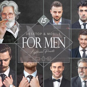 Puede incluir: Un collage de 15 ajustes preestablecidos de Lightroom para computadoras de escritorio y dispositivos móviles. Los ajustes preestablecidos están diseñados para mejorar las fotos de hombres. El texto "FOR MEN" se muestra en una fuente grande.