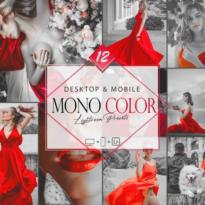 Könnte beinhalten: Ein Satz von 12 Lightroom-Presets für Desktop und mobile Geräte. Die Presets sind so konzipiert, dass sie einen monochromen Farbeffekt mit einer einzigen Farbe erzeugen, wie z. B. Rot, Blau oder Grün. Das Bild zeigt Beispiele für die Presets, die auf verschiedene Fotos angewendet werden.
