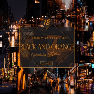 May include: A collection of 12 Photoshop actions called "Black and Orange" for creating a dark and moody aesthetic with warm orange accents. The actions are compatible with both Photoshop and Photoshop Elements.