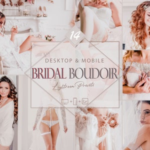 Puede incluir: Un conjunto de 14 ajustes preestablecidos de Lightroom para dispositivos de escritorio y móviles, diseñados para la fotografía de boudoir nupcial. Los ajustes preestablecidos están etiquetados como "Bridal Boudoir Lightroom Presets".