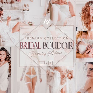 Puede incluir: Un collage de imágenes que muestran a una novia en varias poses, con una bata de novia blanca, lencería y velo. El texto "PREMIUM COLLECTION BRIDAL BOUDOIR Photoshop Actions" se muestra en un marco rosa y blanco.