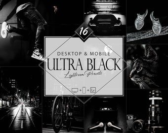 16 Ultra Black Lightroom Presets, Moody Mobile Preset, Monocolor Desktop LR Filter DNG Portrait Lifestyle Top Theme Blogger Instagram