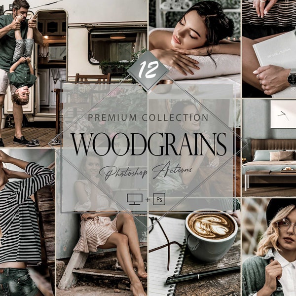 12 Photoshop Actions, Woodgrains Ps Action, Green ACR Preset, Brown Filter, Lifestyle Theme For Instagram, Spring Moody, Warm Portrait