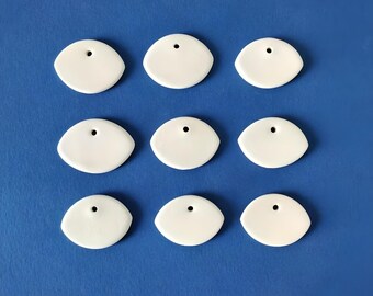5PCS White Ceramic Oval Ornaments. Handmade 3.5cm, Drop Shaped Pendants, ideal for Jewelry or any type of Craft Project. Unglazed/Unpainted
