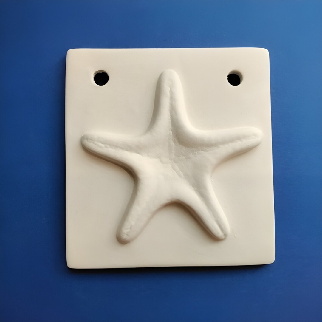 Ceramic Handmade Tiles With 3D Shell/ Ready to Paint. Bisque Tile 10