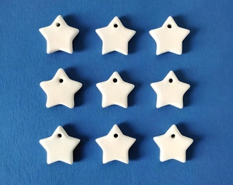 White Ceramic Star Ornaments. Handmade 2.5cm, Set of 5Pc Star Pendants, ideal for Jewelry or any type of Craft Project. Unglazed/Unpainted