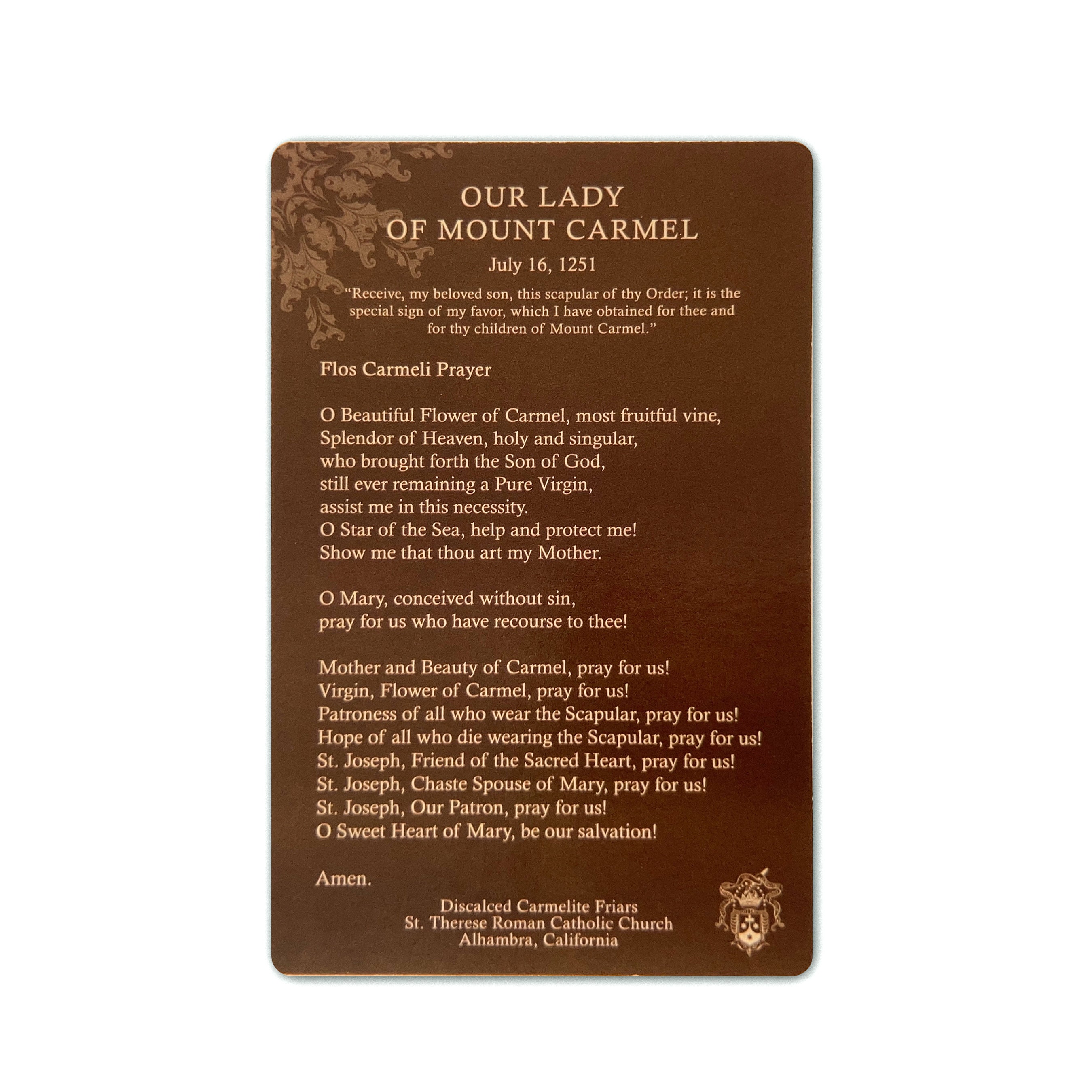 Our Lady of Mount Carmel Prayer Card - Catholic Art Print Holy Card - Etsy