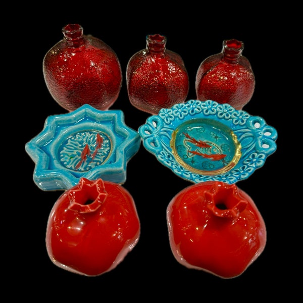Handmade 3D Gold Fish Bowl, Pomegranates & Decorative Birds  For Haftsin Persian New Year