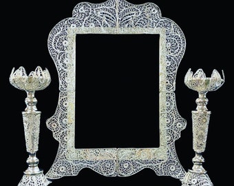 Miroir et bougeoirs en filigrane argentés faits main et articles Sofreh Aghd