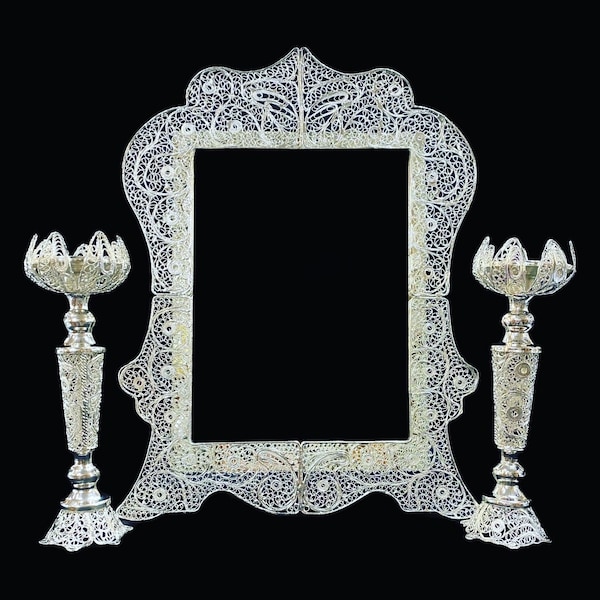 Handmade filigree silver mirror and candle holders & Sofreh Aghd Items