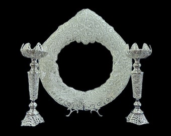 Handmade filigree silver mirror and candle holders & Sofreh Aghd Items