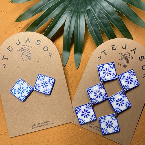 Talavera Tile Blue Turquoise Golden Drop Earrings