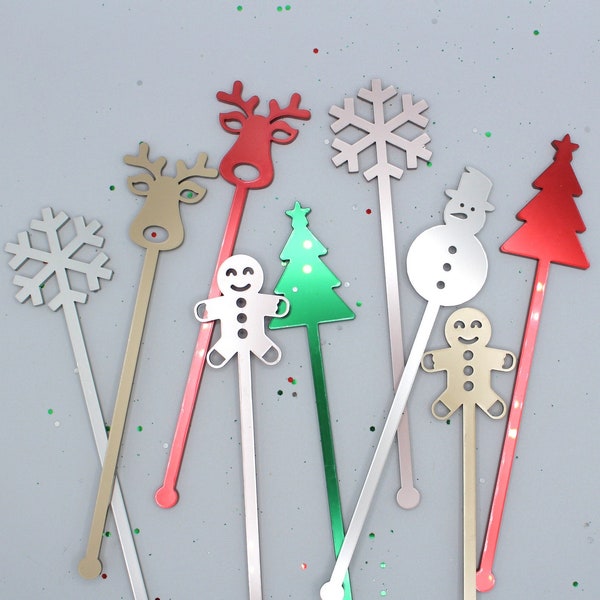 Holiday Drink Stirrers | Christmas Drink Stirrers | Beverage Mixing Sticks | Snowman | Snowflake | Reindeer | Swizzle Sticks | Stir Sticks