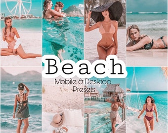 May include: A collage of photos featuring people enjoying the beach. The photos show people swimming, sunbathing, and relaxing on the beach. The photos are all in a warm, sunny color palette. The text "Beach Mobile & Desktop Presets" is displayed in the center of the collage.