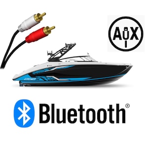 May include: A black and white boat with blue accents. The boat has a  "Yamaha" logo on the side. The image also shows a Bluetooth symbol, an AUX symbol, and a red and white audio cable.
