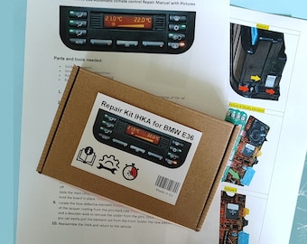 May include: A brown cardboard box with a white label that says "Repair Kit IHKA for BMW E36". The label has a picture of a car's climate control panel with the temperature set to 21.0°C and 22.0°C. The box is sitting on a white piece of paper with instructions for repairing the climate control panel.