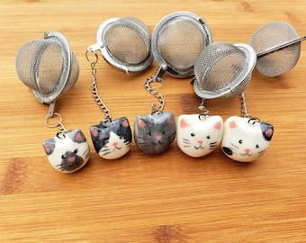 ceramic cat tea steeper charm - gift for cat lover - loose leaf tea strainer stainless steel - CUSTOM OPTION AVAILABLE