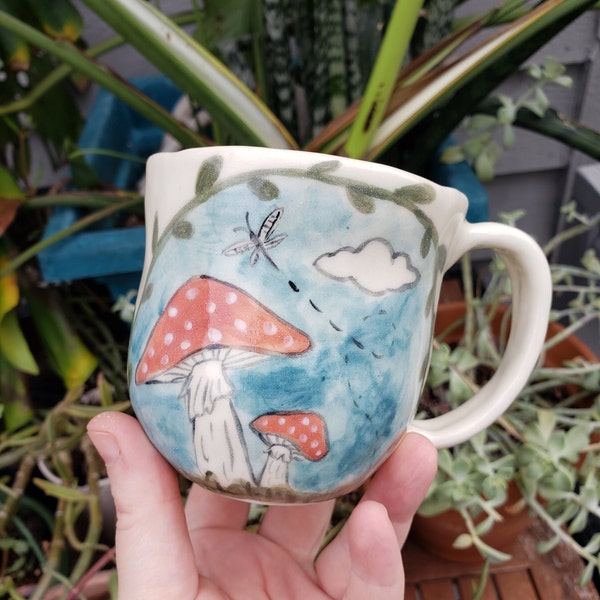 handmade mug, mushroom pottery, handcrafted ceramic art