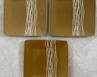 Lot Of 3 Baum Amber WHEAT Square Salad Plates - Exc Cond! Very Rare. BAUM PLATES, vintage Baum