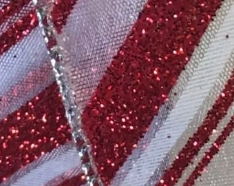 1.5” Christmas  Ribbon,  Diagonal Candy Cane Striped with Wired Silver Tinsel Edge. Semi Sheer