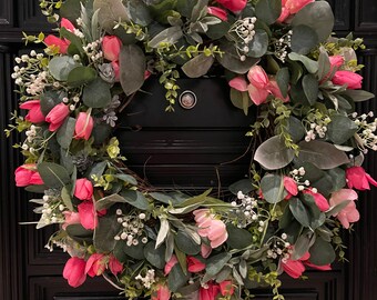 Wreath - Spring Wreath. Easter Wreath, Tulip Wreath, pink tulip wreath, spring decor,