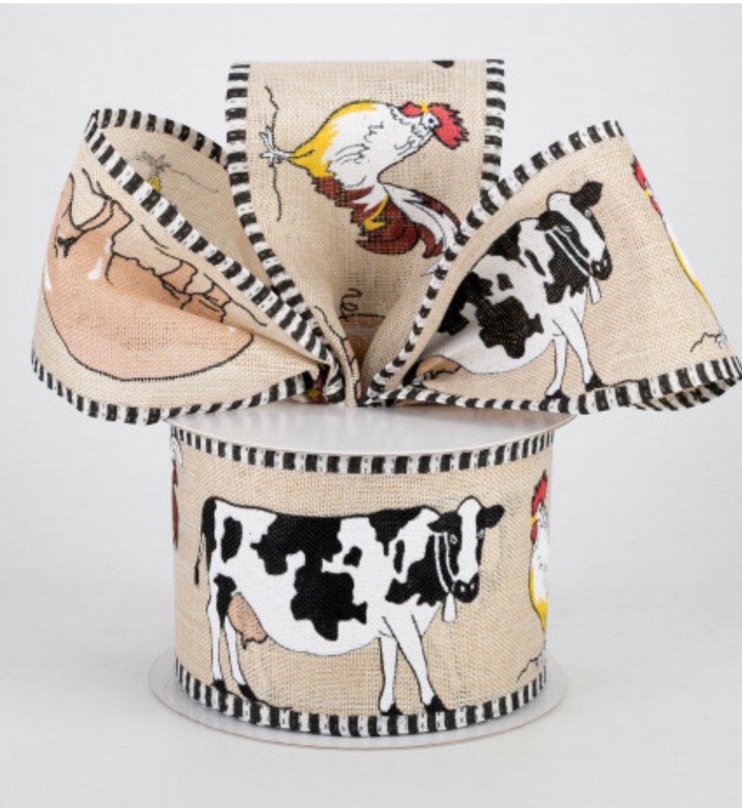 Rustic Farm Animal Ribbon, FARMHOUSE Ribbon COW, Chicken & PIG Wired