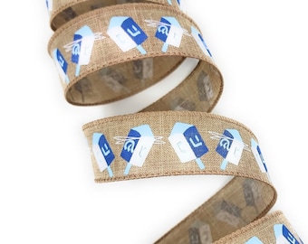 Hanukkah Ribbon Wired. Dreidels. Blues, White On Natural.  Chanukah  Ribbon 1.5” x 5 Yards
