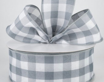 Ribbon Gray and white Buffalo Plaid 2.5” x 5 yards, Buffalo Check Wired Edge Ribbon. Country ribbon