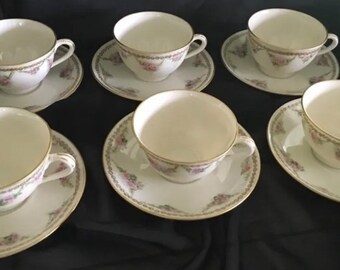 American Lenox Belleek 6 Cups & Saucers 24k Gold Rim Green Pallet Mark Very Rare