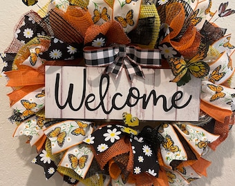 Butterfly wreath - “Monarch Butterflies Welcome Wreath” Large 24” black, white, orange, yellow & touch of naturals super full wreath