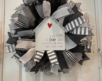 Family Wreath - Welcome Wreath - Grey, Black, white. 18” Diameter Very FULL gray wreath