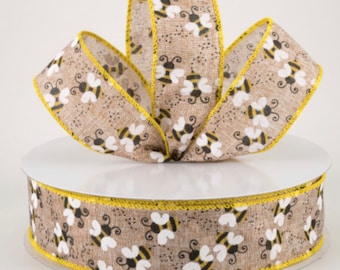 Bee Wired Ribbon 1.5” Wired Edge Gorgeous natural with black, white & yellow ribbon, buzzing bee ribbon, Wreath ribbon