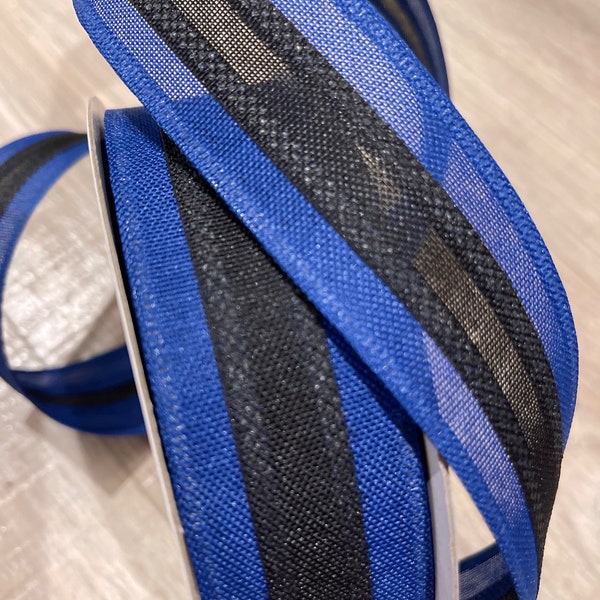 Ribbon Royal blue and Black, Tri color ribbon, 1.5” x 5 yards, Wired Edge Ribbon. Blue black striped ribbon