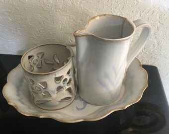 Vintage “Bay Pottery,” Broadway VA. ART POTTERY Set: Pitcher, Tray & Candleholder! Vintage art pottery