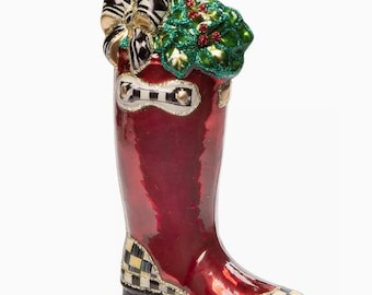 Mackenzie-Childs Christmas Wellie Glass Ornament, Mint New In Box Handblown with Tags