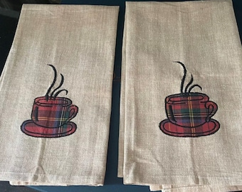 2 Kitchen Tea Towels Dish Towels 100% Cotton PLAID Coffee Cups Vintage MCM Towel