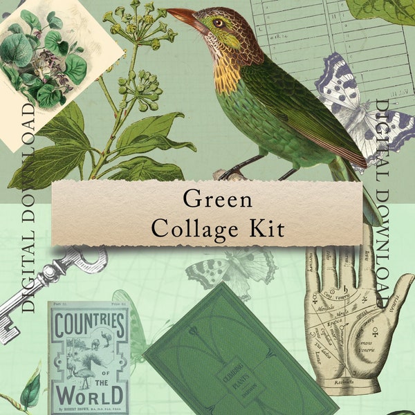 Green  - ephemera, junk journals, printable paper crafts, scrapbooking, collage sheet, digital download, vintage, aesthetic, collage kit