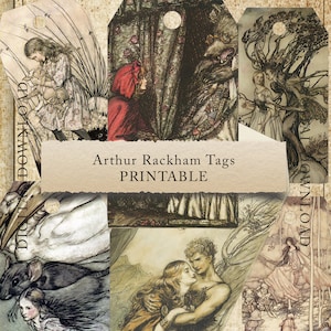 Op de afbeelding: Printbare labels met illustraties uit de boeken van Arthur Rackham. De labels tonen afbeeldingen van Roodkapje, een wolf, een fee en andere personages uit klassieke sprookjes.