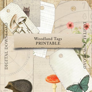 Étiquettes Woodland - éphémères, collage, journal indésirable, courrier postal, imprimable, scrapbooking, téléchargement numérique, champignons, coupe difficile, cadeau, vintage