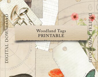 Woodland Tags - エフェメラ、コラージュ、ジャンクジャーナル、スネイルメール、印刷可能、スクラップブック、デジタルダウンロード、菌類、ファジーカット、ギフト、ヴィンテージ