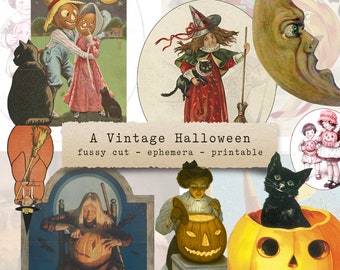 May include: A vintage Halloween printable pack with images of a witch, a black cat, a jack-o-lantern, and a crescent moon. The text "A Vintage Halloween fussy cut - ephemera - printable" is included in the image.
