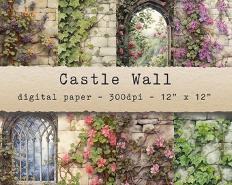 May include: A digital paper featuring a stone castle wall with ivy and flowers growing on it. The wall has a window with a gothic arch and a view of a garden. The text "Castle Wall - digital paper - 300dpi - 12" x 12" " is printed on a paper label.